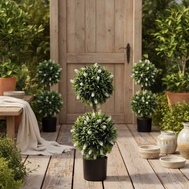 Wyld Haus Kelola Set of 2 Artificial Lavender Ball Trees in White Pots, Height: 70 cm