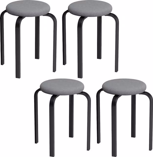 HOMCOM Set of 4 Modern Stackable Round Backless Stools with Fabric Cushions and Metal Frame in Dark Grey
