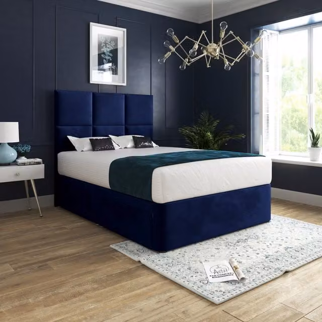 Dime Blue Velvet Upholstered Small Single Divan Bed Frame with Floorstanding Headboard W/D: 80 x 190 cm