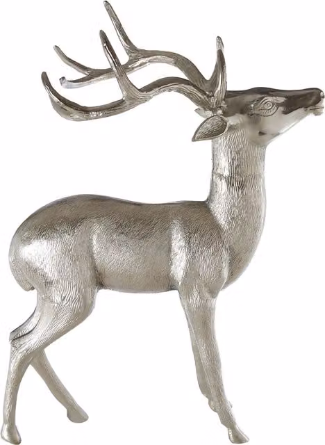 Orsina Large Nickel Finish Floor Standing Stag Sculpture in Silver Metal, H 70.0 cm x W 60.0 cm x D 34.0 cm