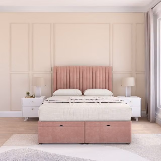 Sloomy Manhattan Pink Plush Fabric Ottoman Bed with Sprung Memory Mattress and 54 Inch Floorstanding Headboard, Size: Single (W/D/H: 90 x 190 cm)