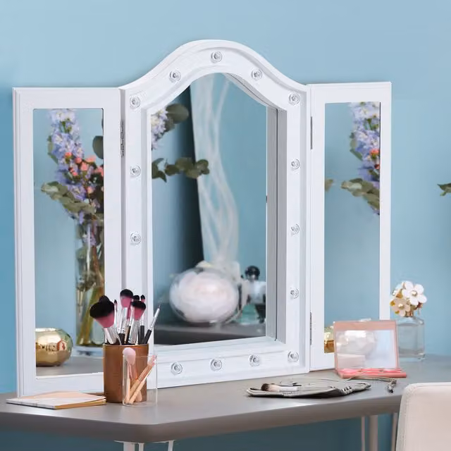 HOMCOM White Tri-Fold Tabletop Vanity Mirror with LED Lights