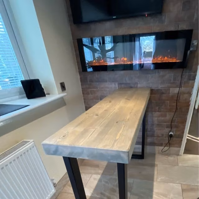 TRL Handmade Furniture Rustic Wood Breakfast Bar in Grey Wash and Brown, W/D/H: 210 x 45 x 45 cm