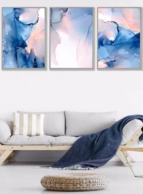 ARTZE Set of 3 Abstract Ink Wall Art in Blush Pink, Navy Blue and Grey with Light Grey Wood Frames, W: 53 cm, H: 73 cm, D: 2 cm