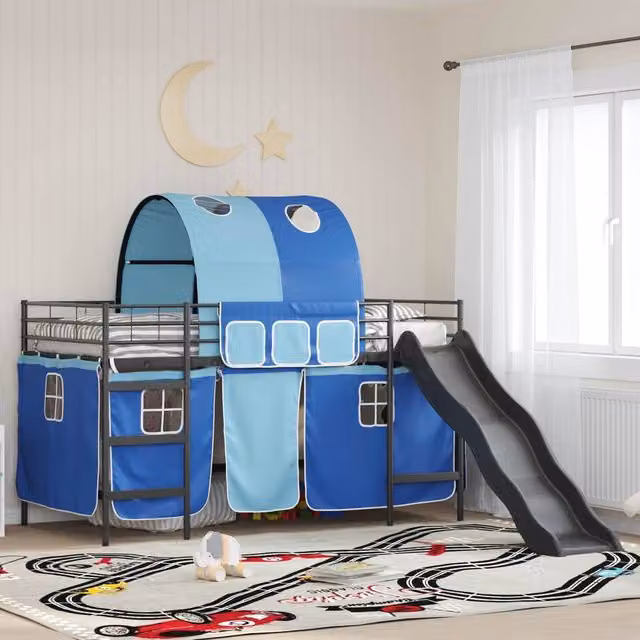 Berkfield Home Kids' Metal Loft Bed Frame in Black and Blue, W: 80 cm, L: 200 cm