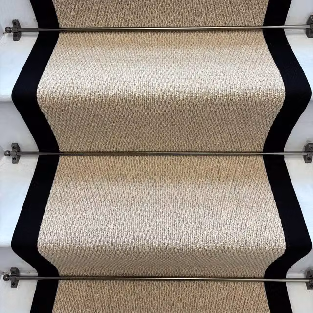 RainbowHome Kalahari Caramel Wool Stair Runner with 100% Cotton Black Border in Camel, W: 50 cm, L: 650 cm