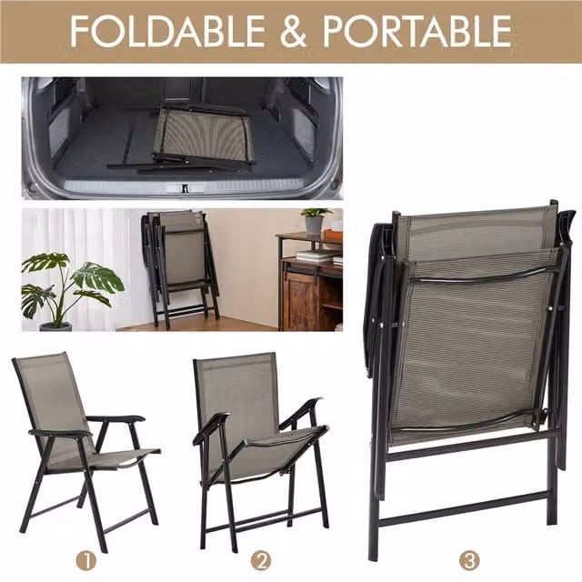 Yaheetech Modern Stackable Outdoor Patio Folding Dining Chairs with Armrests in Brown and Grey Textilene Fabric
