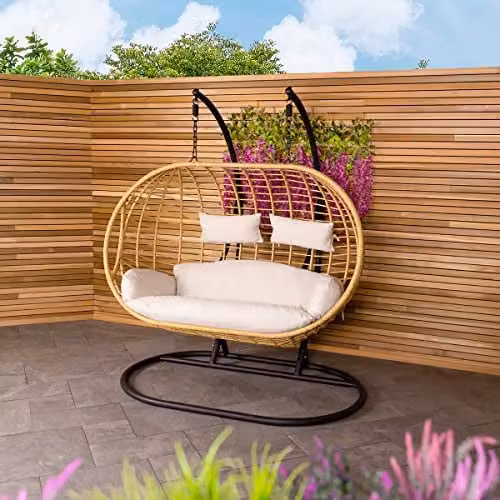 Charles Bentley Double Hanging Rattan Swing Chair in Beige and Sand with Cushions, W/D/H: 127 x 167 x 196 cm