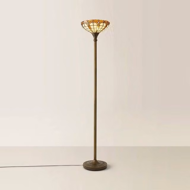 SPETLEK Gold and Brass Art Nouveau Floor Lamp Uplighter with Glass Dome