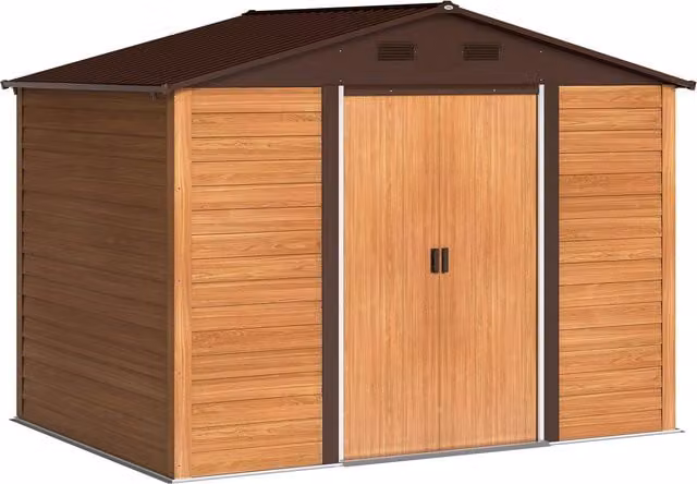 Outsunny Brown Wood-Effect Galvanised Steel Shed with Sliding Doors and Side Vent, W: 275.8 cm, D: 183.0 cm, H: 183.0 cm