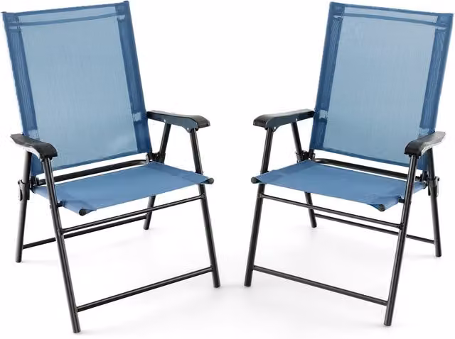 Costway Set of 2 Blue Portable Sling Back Garden and Terrace Chairs with Armrests
