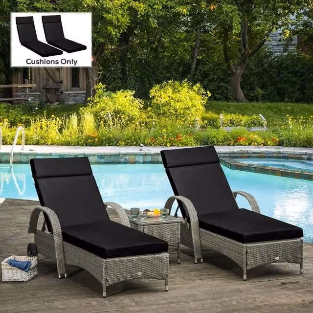 Outsunny Set of 2 Black Replacement Outdoor Seat Cushions for Rattan Furniture, W: 196 cm, D: 55 cm