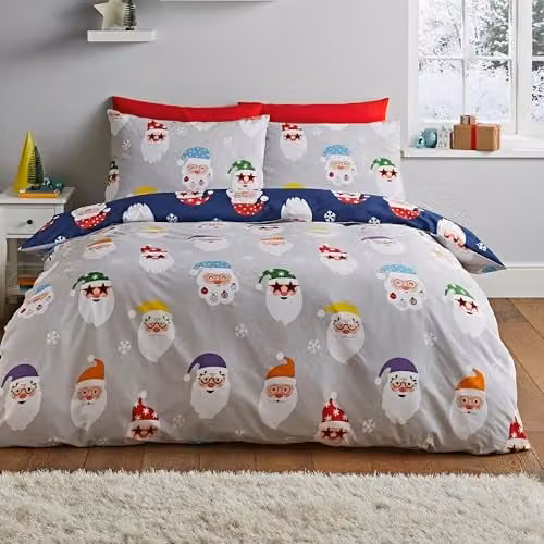 Catherine Lansfield Christmas Santa Spec-Tacular Reversible King Duvet Cover and Pillowcase Set in Grey and Blue, W/D/H: 180 x 200 cm, Pillowcase: 50 x 75 cm