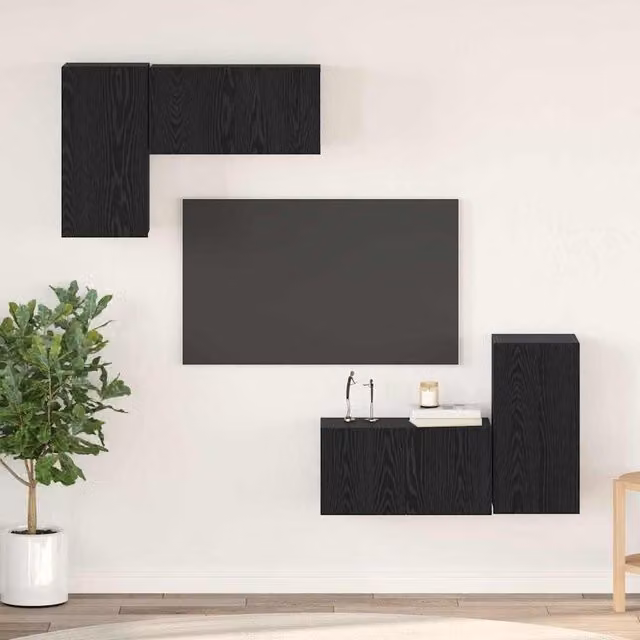 Berkfield Home 4-Piece Wall-Mounted TV Cabinet Set with Shelves and Doors in Black Oak, W/D/H: 60 x 30 x 30 cm