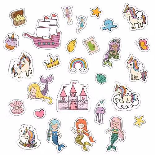 WALPLUS 28 Piece Multicolour Unicorn and Mermaid Window Stickers, Reusable and Removable Vinyl Gel Clings for Kids, Classrooms and Mirrors
