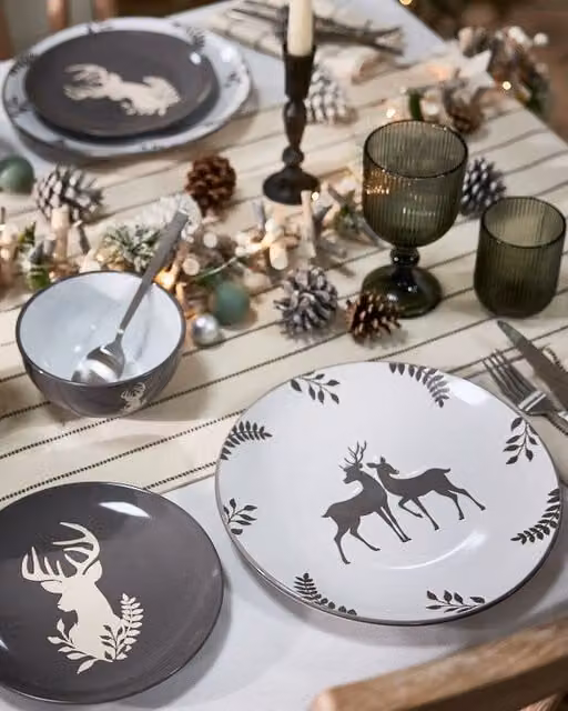 Dibor 12 Piece Grey and White Reindeer Ceramic Christmas Dinner Set for 4 People