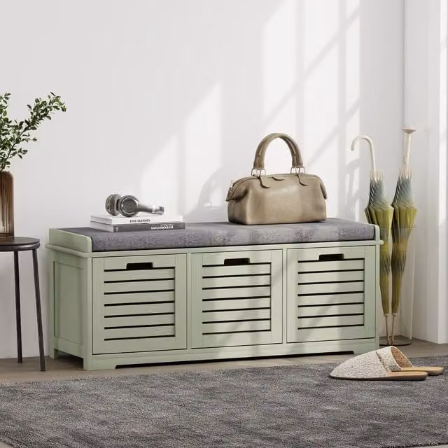HOMCOM Green Shoe Storage Bench with Fabric Cushion and Slatted Doors