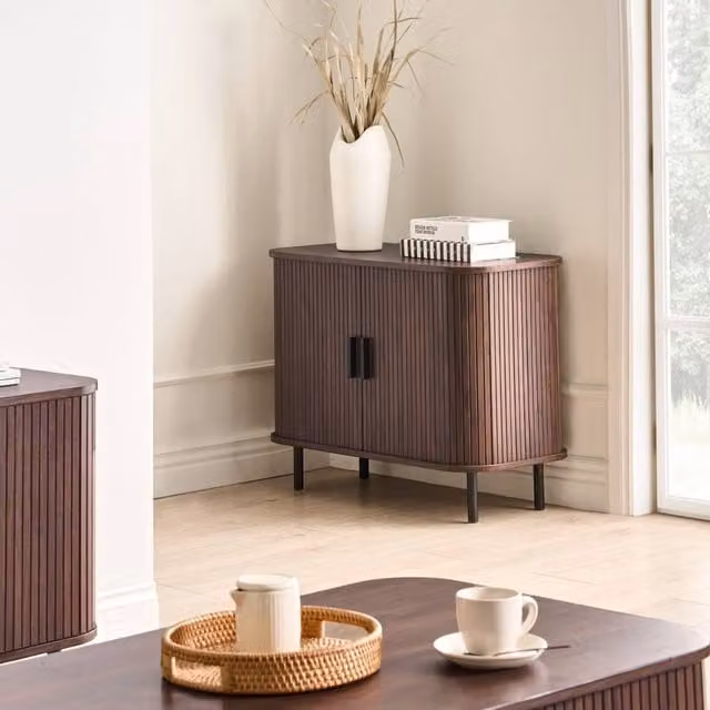Wyld and Coco Retro Sliding Sideboard in Dark Brown with Black Legs and Pine Handles, W/D/H: 120 x 40 x 80 cm