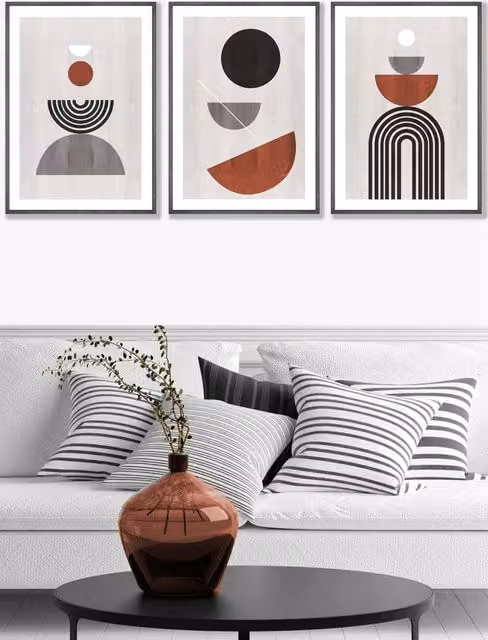 ARTZE Set of 3 Mid Century Geometric Abstract Wall Art in Black, Grey and Orange, W: 53 cm, H: 73 cm, D: 0.2 cm