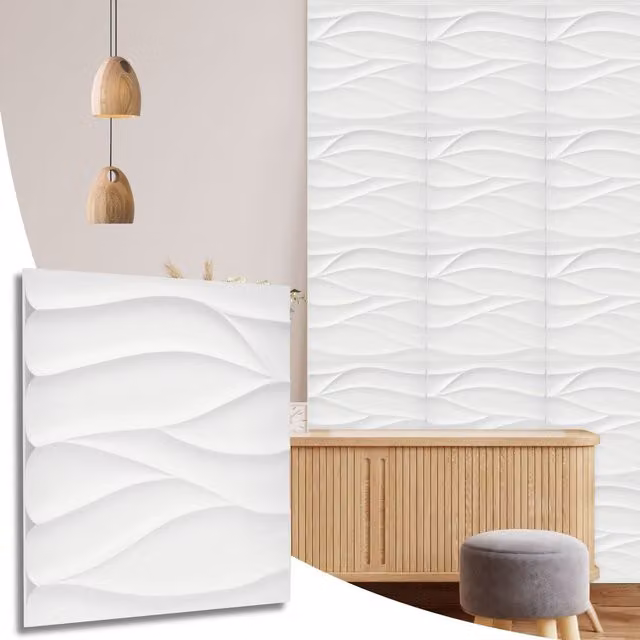 NOVECRAFTO Wavy Wave Effect 3D PVC Wall Cladding Panels in Matte White, W/D/H: 50 x 50 x 0.25 cm, Pack of 12