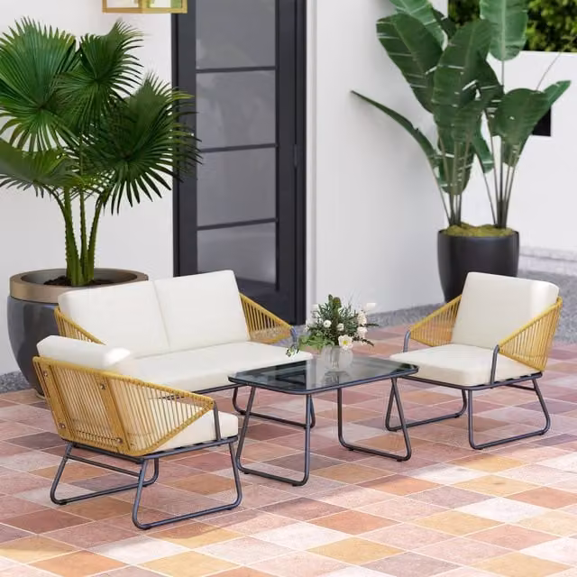 Outsunny White Rattan Garden Furniture Set with Upholstered Cushions, 2-Seater Sofa, Armchair and Coffee Table