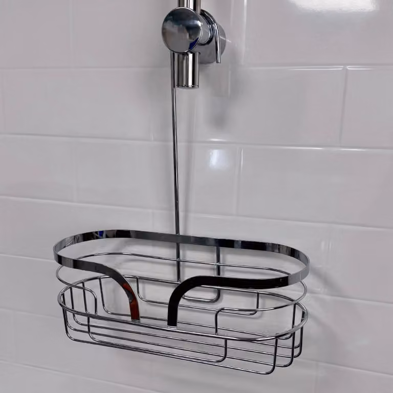 Showerdrape Dante Modern 3-Tier Freestanding Floor Caddy and Mini Caddy with Hooks in Silver Metal