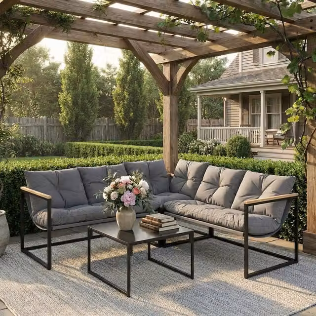 Outsunny 4 Piece L-Shape Garden Furniture Set with Cushions and Coffee Table, Grey
