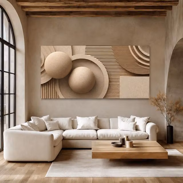 Mafett Large Beige Abstract Canvas Wall Art Round Minimalist Graphic Print W/D/H: 150 x 80 x 1 cm