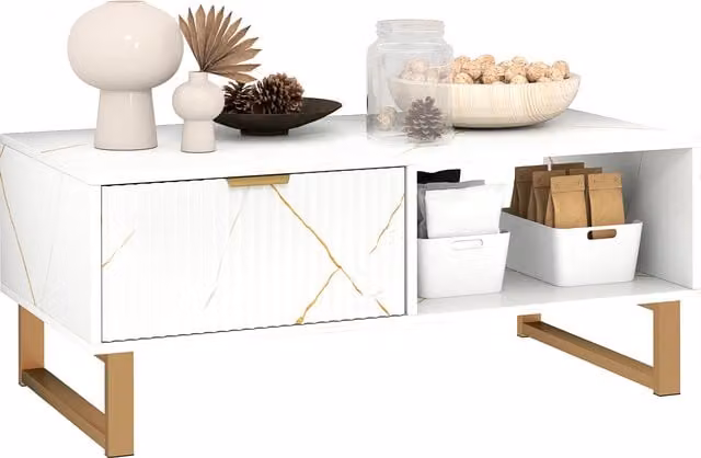HOMCOM Modern Rectangular Marble Effect Storage Coffee Table in White and Gold
