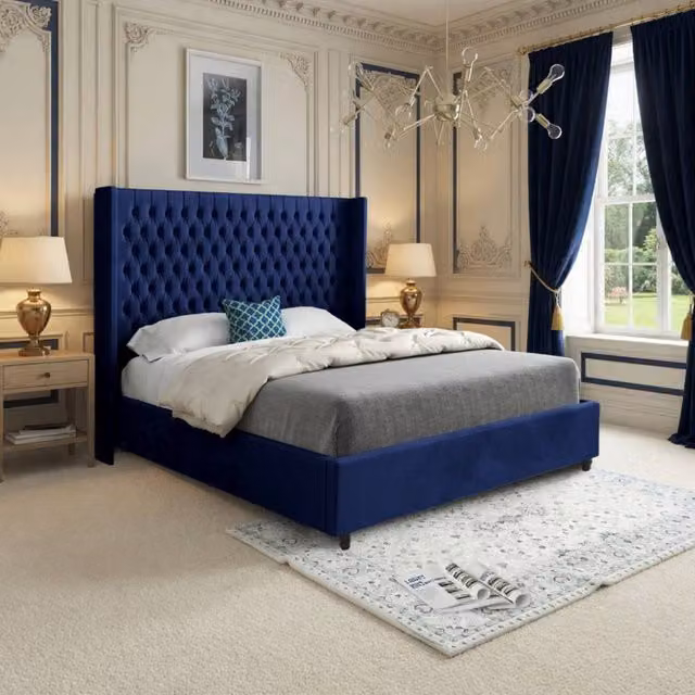 KDMD Wormbridge Winged Upholstered Blue Velvet Designer Bed Frame W/D/H: 144 x 137 x 200 cm