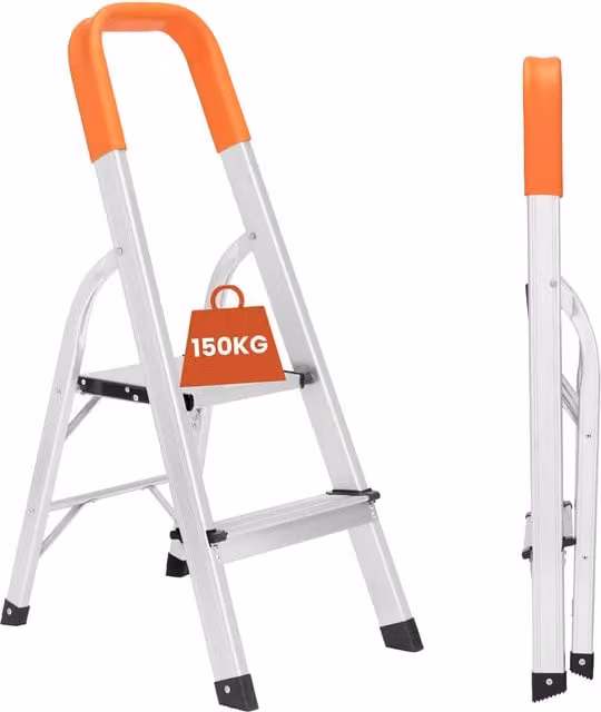 Novecrafto 2-Step Aluminium Foldable Step Ladder with Safety Handrail in Silver and Orange, Height: 88 cm