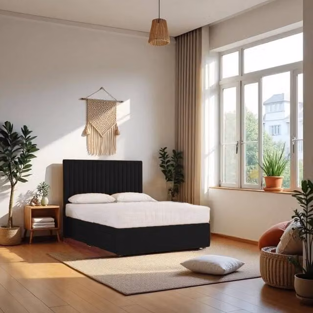 Knight Sleep Emily Plush Velvet Divan Bed Set with Princess Mattress and Headboard in Black, Size: Single (W/D/H: 90 x 190 cm)