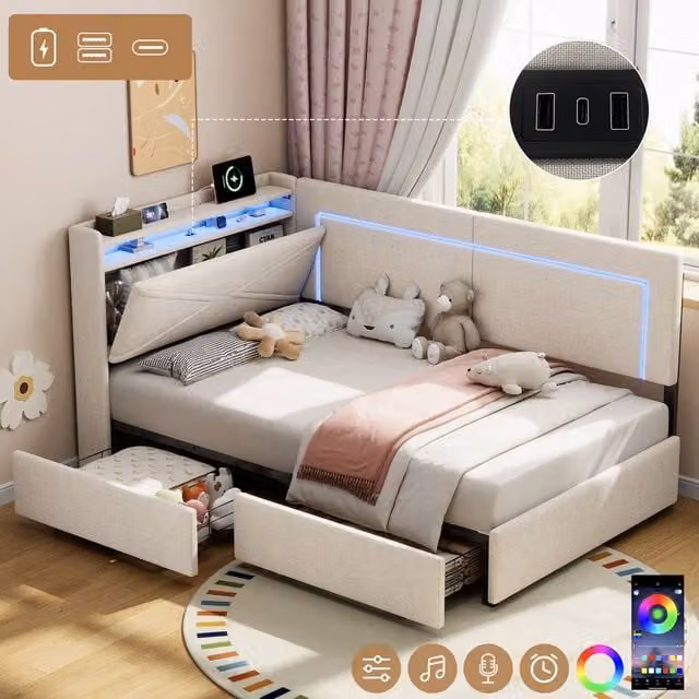 BTM Single Linen Daybed in Beige with LED Headboard, Bedside Shelf and 2 Storage Drawers, W/D/H: 90 x 190 cm