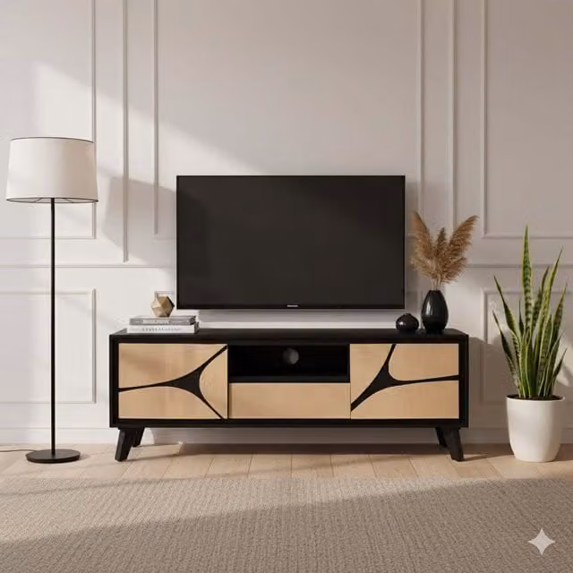 IH Design Dusk Mango Wood TV Stand in Brown, Black, Orange and Beige
