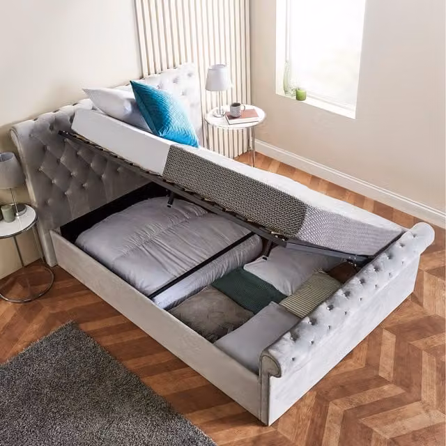 Home Treats Grey Velvet Upholstered Ottoman Bed with Hybrid Mattress, W/D/H: 108.5 x 180 x 200 cm