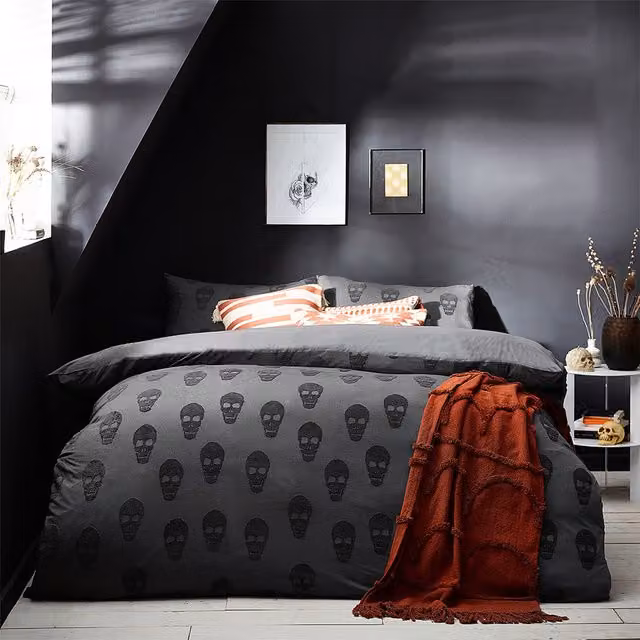 Make it a Home Reversible Skulls Graphic Cotton Duvet Cover Set, Anthracite, 90 x 200 cm
