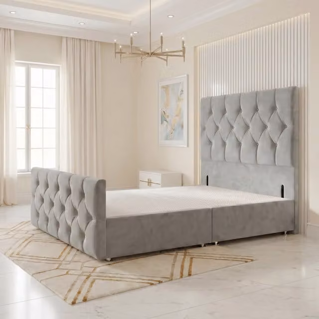 Somnior Beds Ltd Chesterfield Velvet Divan Bed Base with Drawers and Floor Standing Headboard and Footboard, Silver/Grey, 200 x 200 cm
