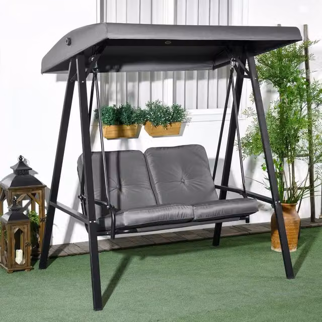 OUTSUNNY 2 Seater Garden Outdoor Swing Chair Hammock with Adjustable UV-Resistant Canopy in Dark Grey