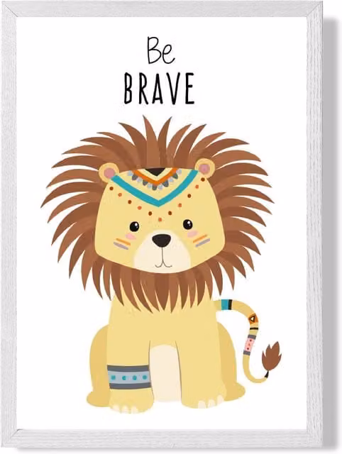 ARTZE Be Brave Lion Tribal Animal Quote Framed Print, Yellow and White, A2