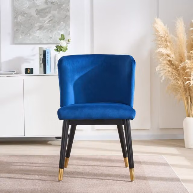 Life Interiors Sofina Set of 6 Modern Blue Velvet Dining Chairs with Tufted Back and Gold Tipped Rubberwood Frames