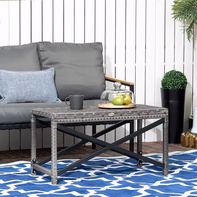 Outsunny Grey PE Rattan Outdoor Coffee Table with Plastic Board