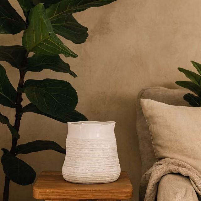 Wyld Haus Saffron Wide Hewn Ceramic Vase with Textured Scandi Pattern in White, H 26.0 cm x W 26.0 cm x D 26.0 cm