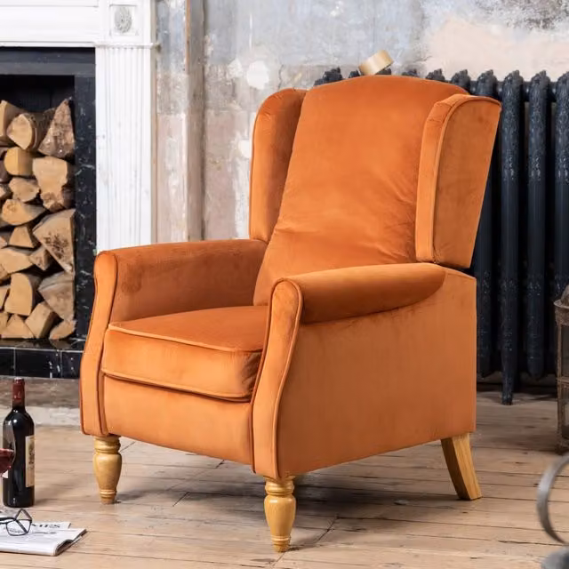 Artemis Home Barksdale Orange Velvet Recliner Armchair with Solid Wood Frame