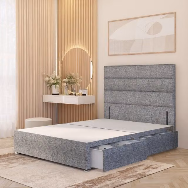 Horizona Grey Tweed Fabric King Size Divan Bed Base with 4 Drawers and Floor Standing Headboard W/D/H: 180 x 200 cm