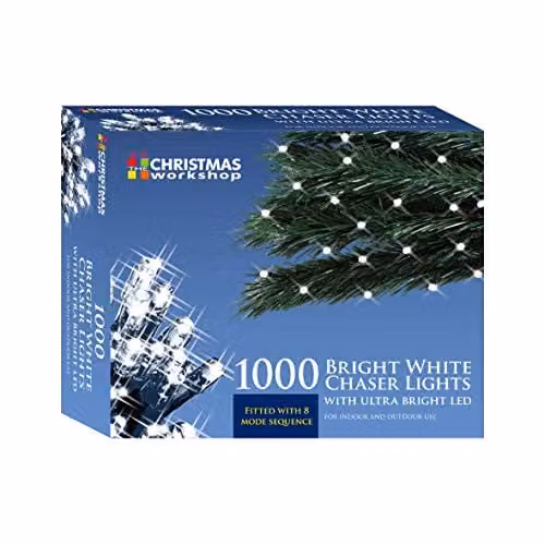 The Christmas Workshop 1000 Bright White LED Chaser Fairy Lights, 69.9 Metres, 8 Light Modes for Indoor or Outdoor Use