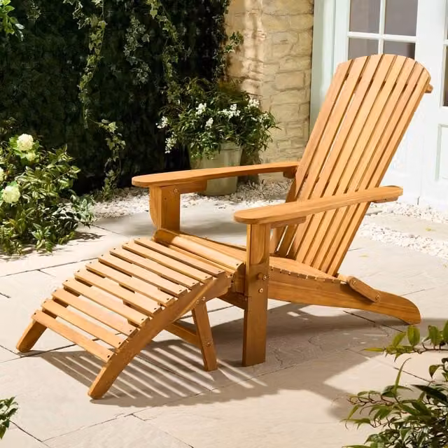 VonHaus Hudson Acacia Folding Adirondack Garden Chair and Footstool in Brown