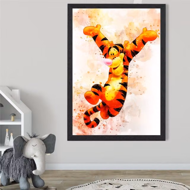 ARTZE Tigger Watercolour Winnie the Pooh Art Print with Black Frame, Orange, A2
