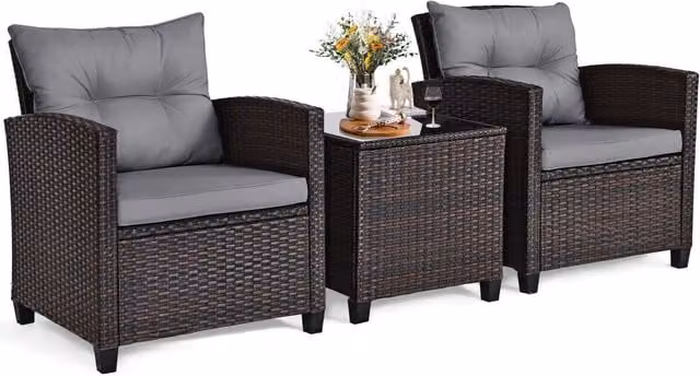 Costway 3 Piece Grey Rattan Garden Furniture Set with Upholstered Cushions