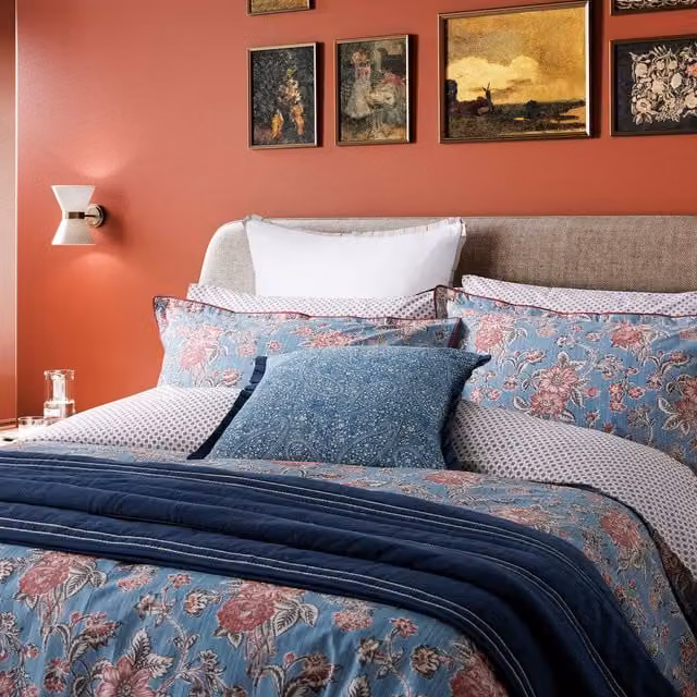 Bedeck of Belfast Emmeline Super Kingsize Duvet Cover and Pillowcase Set, Denim Blue Floral Cotton Percale