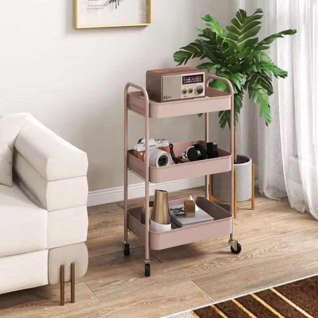 HOMCOM 3-Tier Metal Rolling Utility Storage Trolley with Castors, Pink
